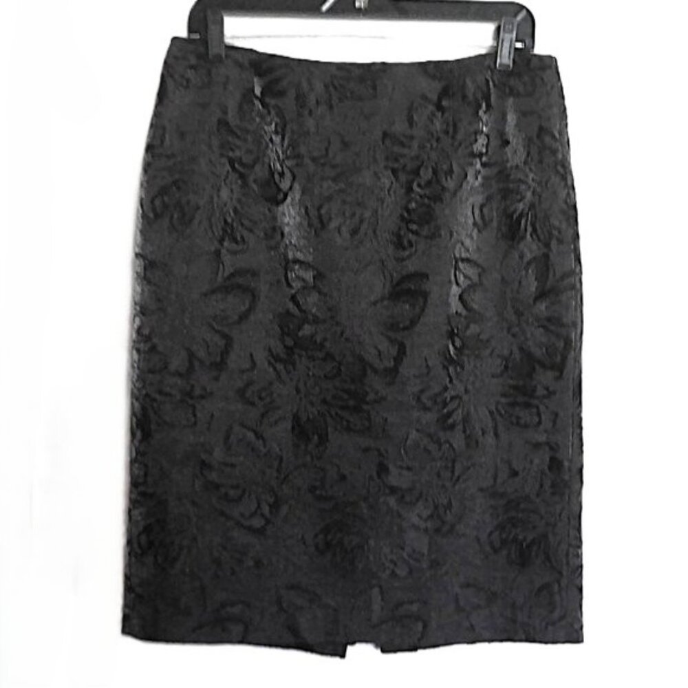Kenar Dressy Pencil Skirt Black on Black Shimmer Party Floral Slit EUC Sz 6